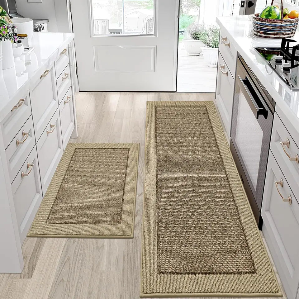 Solid Colored Bordered Long Kitchen Rug Sets