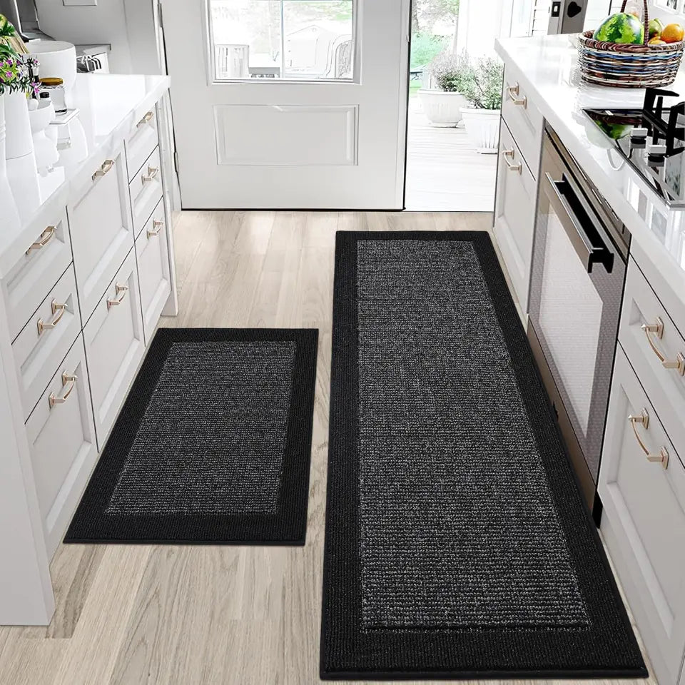 Solid Colored Bordered Long Kitchen Rug Sets
