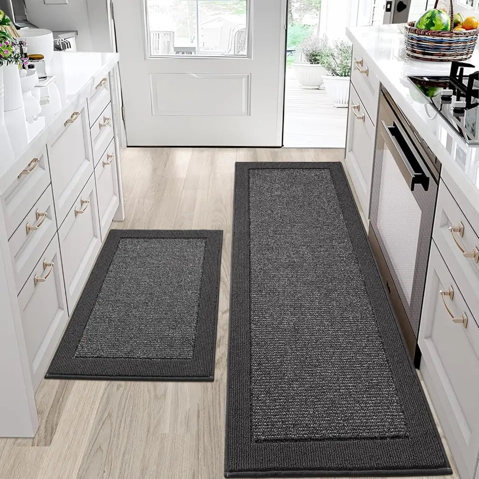 Solid Colored Bordered Long Kitchen Rug Sets